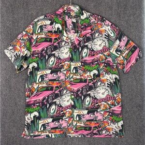 Urban Outfitters Graphic Button Up Shirt Medium Viscose Pink Pop Art Car Print